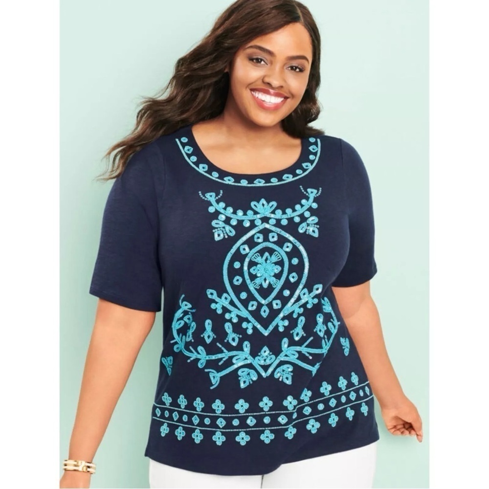 Talbots Embellished Top 3X cotton beaded navy blue turquoise tunic coastal coast